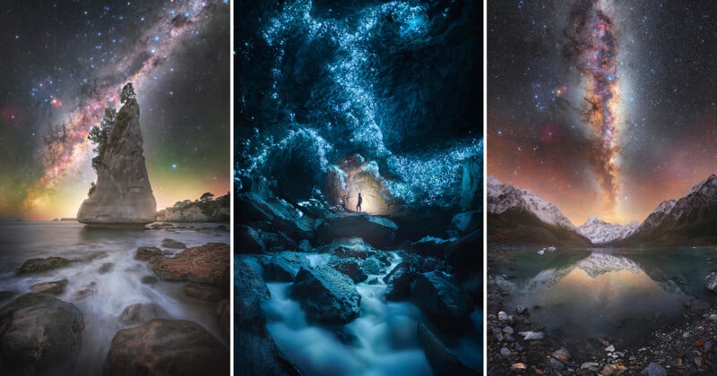  a rocky seashore with a glowing Milky Way, a person standing in a glowing blue cave, and a mountain lake reflecting the colorful Milky Way overhead.