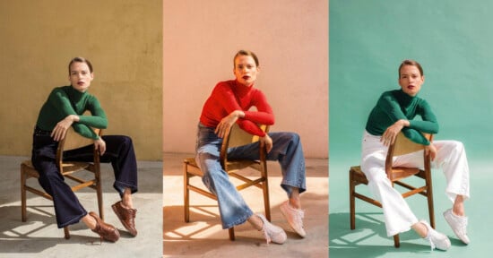 A woman sits on a wooden chair in three side-by-side photos. She wears a green sweater with black pants (left), a red sweater with blue jeans (center), and a green sweater with white pants (right), each against a different colored background.