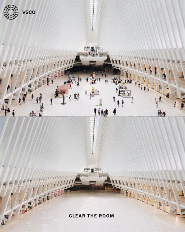 Split image of a modern, white, ribbed interior space; top half shows many people walking inside, while the bottom half shows the same space empty, highlighting the architecture. Text reads "VSCO" and "CLEAR THE ROOM".