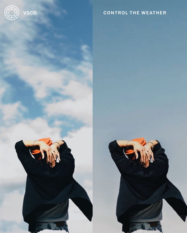 A person stands with arms raised above their head, set against a blue sky. The left side has fluffy clouds, while the right side is clear. The VSCO logo is in the top left, and the text "CONTROL THE WEATHER" is at the top right.