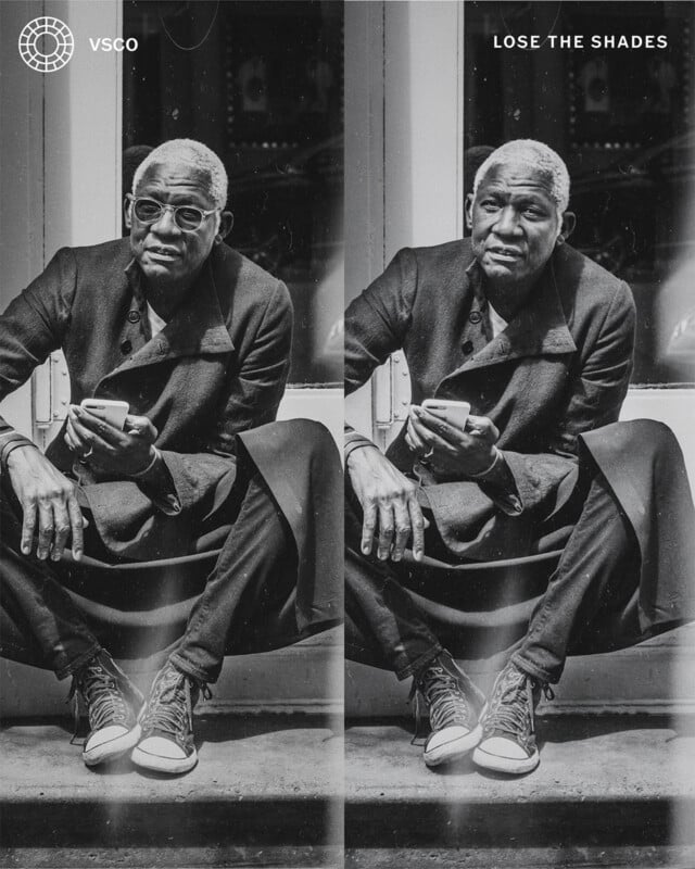 A black-and-white photo shows an older man sitting on steps, wearing a coat and sneakers, holding a phone. The image is split in two: on the left he wears sunglasses, on the right he does not. Text reads “VSCO” and “LOSE THE SHADES.”.