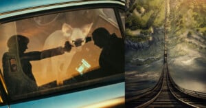 A reflection of a person holding a gun appears on a car window next to a hairless cat inside. On the right, a high, narrow wooden bridge stretches over a valley with greenery and cliffs.