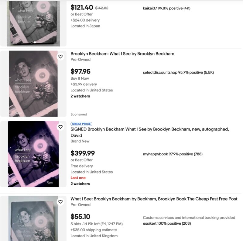 Screenshot of four eBay listings for “Brooklyn Beckham What I See” book, with prices ranging from $55.10 to $399.99. Some listings feature signed or autographed editions and varying seller ratings.