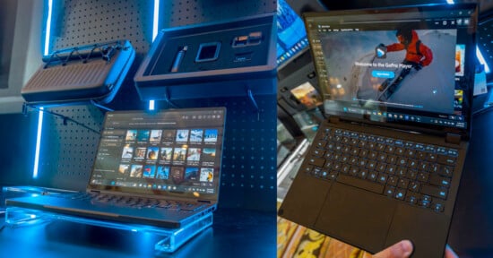 Two images of a high-tech laptop: the left shows it on display with blue lighting and accessories above it; the right shows it open with a video player onscreen and a hand holding the side of the laptop.