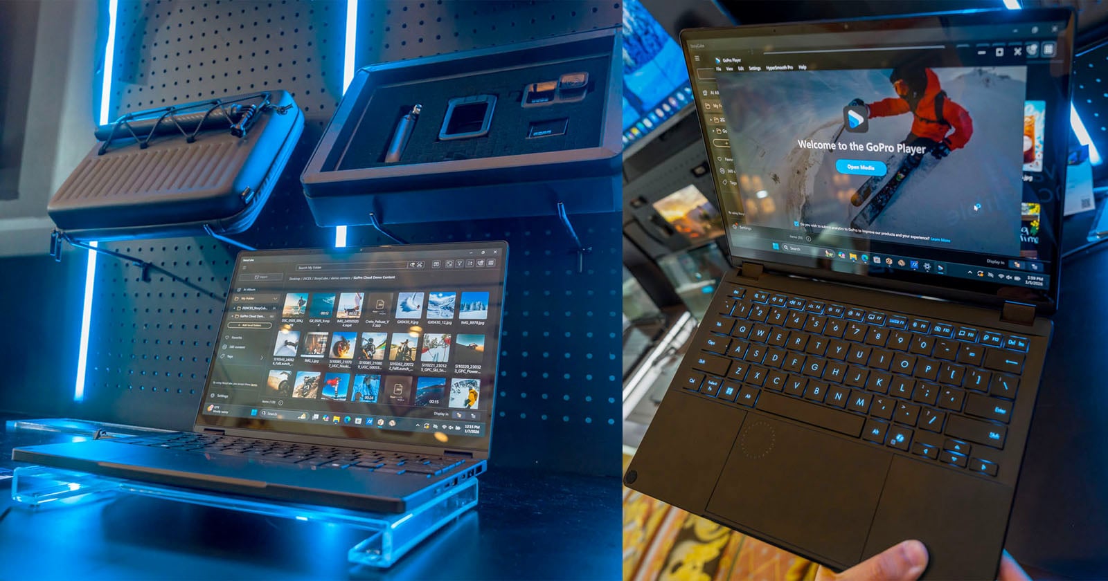 Two images of a high-tech laptop: the left shows it on display with blue lighting and accessories above it; the right shows it open with a video player onscreen and a hand holding the side of the laptop.