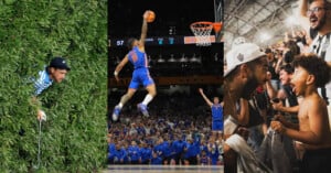 A golfer searches for his ball in tall grass, a basketball player dunks while fans watch, and soccer fans cheer excitedly in a crowded stadium.