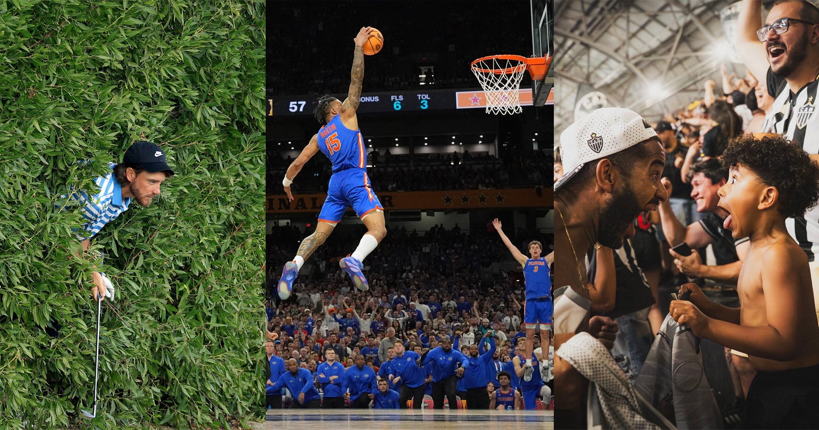 A golfer searches for his ball in tall grass, a basketball player dunks while fans watch, and soccer fans cheer excitedly in a crowded stadium.