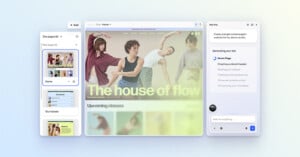 A website builder interface shows a dance studio website preview with four dancers, a sidebar listing site pages, and a right panel suggesting website content and design tips.