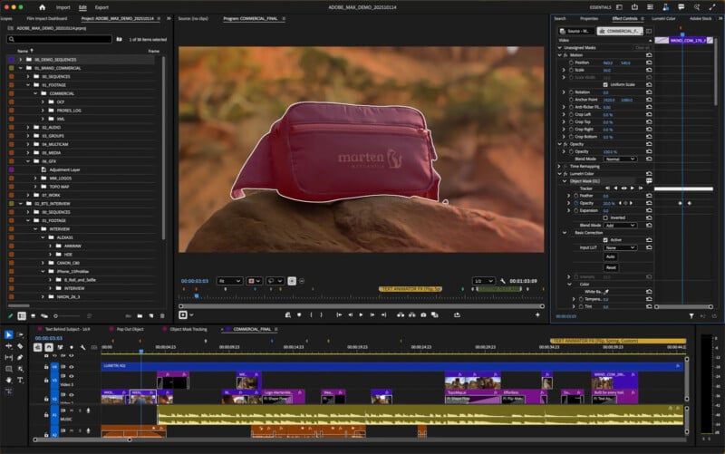 A video editing software interface displays a frame of a pink waist bag on a rock, highlighted with a mask. Editing timelines, color grading, and effect tools are visible on the screen.