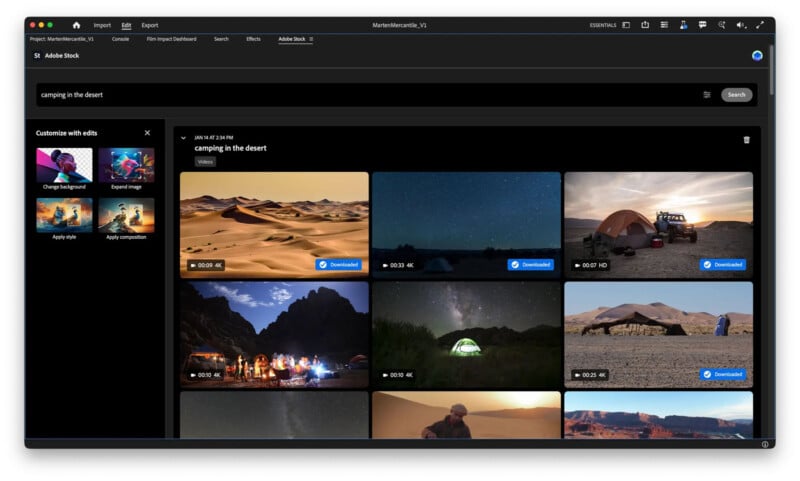 A computer screen shows a search for "camping in the desert" on Adobe Stock, displaying various images of tents, campfires, and people in desert landscapes, both day and night, with download options visible.