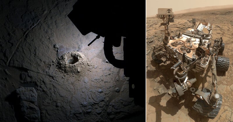 Imagen dividida: a la izquierda, muestra un pozo en suelo rocoso marciano; a la derecha, el rover Curiosity de la NASA en la superficie marciana, equipado con instrumentos científicos y cámaras, contra un paisaje rocoso y polvoriento al fondo.