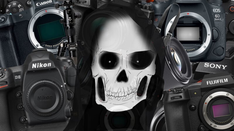 A digital illustration of a white skull in the center, surrounded by various professional camera bodies from brands like Canon, Nikon, Sony, and Fujifilm. The cameras appear slightly overlapping behind the skull.