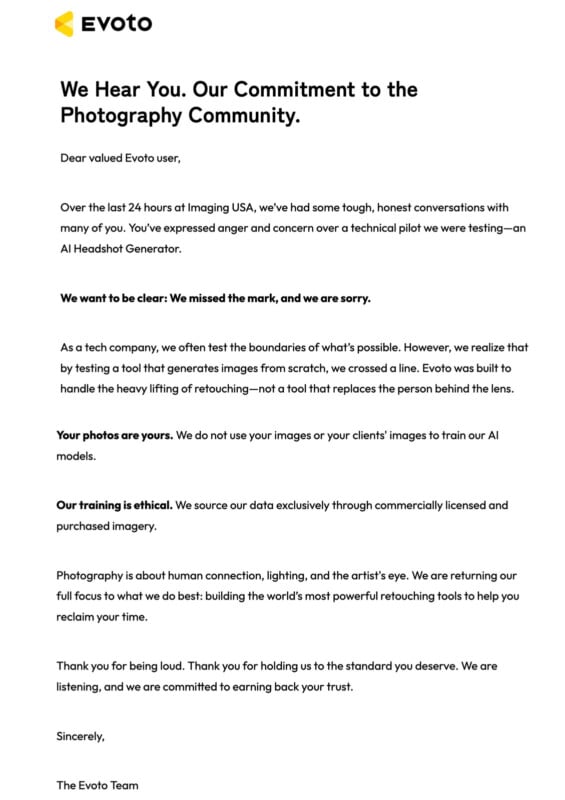 Una carta de Evoto titulada "Te escuchamos. Nuestro compromiso con la comunidad fotográfica," Nos disculpamos por probar la herramienta generadora de fotografías de rostros y reconocemos las prácticas éticas con respecto al uso de imágenes, la capacitación y los derechos de autor.
