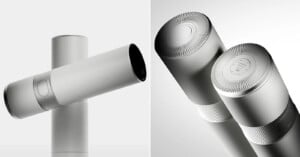 Sleek, cylindrical, white handheld vacuum cleaners with minimalist design, shown from different angles to highlight smooth surfaces and textured details on the ends and grip area.