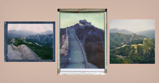 Three photographs of the Great Wall of China are displayed side by side against a pale background, each showing different angles and lighting of the wall winding through mountains.