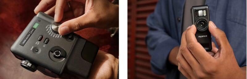 Two close-up images: on the left, hands adjust the settings on a black camera device; on the right, hands hold and display a compact black FUJIFILM camera in front of a person's blue shirt.
