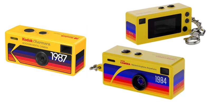 Three views of a small, yellow Kodak keychain digital camera with retro rainbow stripes and the years "1987" and "1984" printed on the front. The camera has a keychain attached.