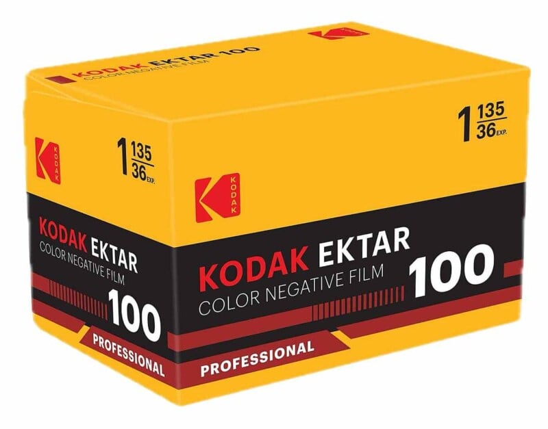 A yellow and red box labeled “KODAK EKTAR 100” color negative film for 35mm cameras, with “100” in bold white text and “Professional” written at the bottom.