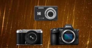 Three digital cameras—Kodak, Fujifilm X-M5, and Nikon Z series—are displayed against a glittery gold background with vertical light streaks.