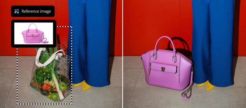 Split image: Left side shows a clear tote bag filled with groceries and a reference photo of a pink handbag; right side shows the same scene but with the pink handbag replacing the groceries bag. Person in blue pants stands behind both.
