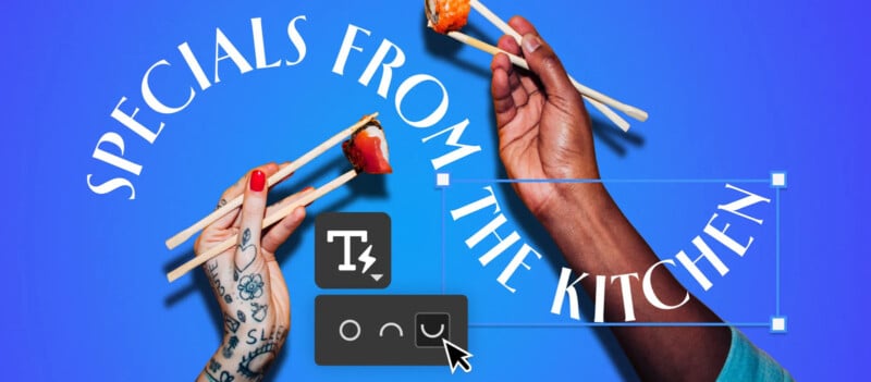 Two hands holding sushi with chopsticks against a blue background, surrounded by curved text reading “SPECIALS FROM THE KITCHEN.” One hand has tattoos, and graphic design icons are overlaid on the image.