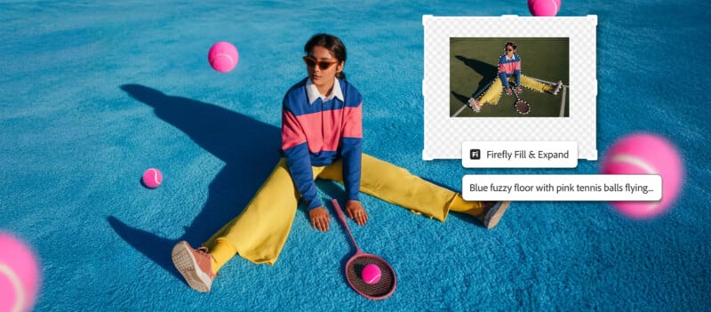 A person in colorful clothes sits on a blue fuzzy floor with pink tennis balls and a racket, surrounded by floating pink tennis balls.