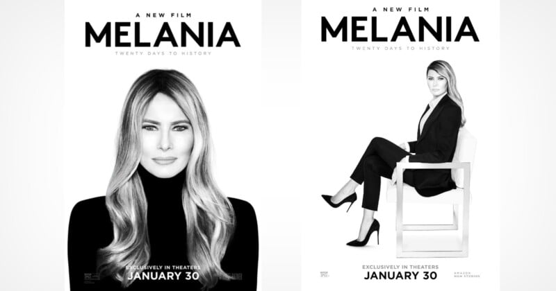 Two black-and-white movie posters feature a woman with long hair. One shows a close-up of her face, while the other shows her sitting sideways on a chair, both with the title "MELANIA" and a release date of January 30.