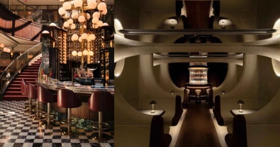 Left: Elegant bar with red stools, checkered floor, and a sweeping staircase with globe lights. Right: Futuristic lounge with curved walls, intimate booths, and soft, ambient lighting centered on a round bar.