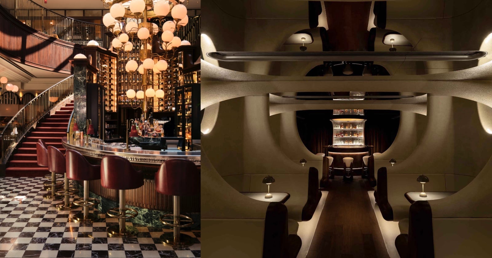 Left: Elegant bar with red stools, checkered floor, and a sweeping staircase with globe lights. Right: Futuristic lounge with curved walls, intimate booths, and soft, ambient lighting centered on a round bar.