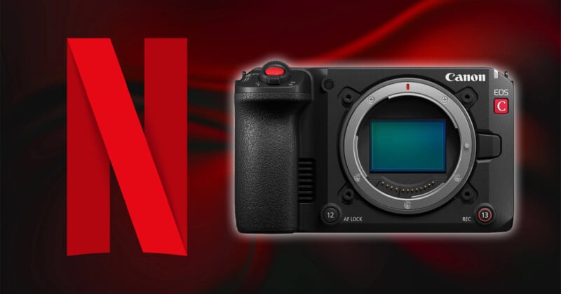 Un gran logotipo rojo de Netflix aparece junto al cuerpo de una cámara Canon EOS sin lente, sobre un fondo degradado oscuro.
