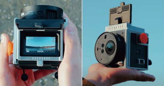 Two views of a compact, retro-style camera: the left image shows a person holding the camera and viewing a landscape on its screen; the right image shows the camera resting on a hand, displaying its front and lens.