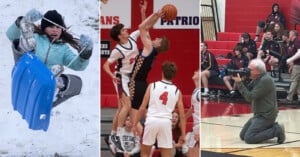 A collage of three photos: a girl sledding on snow, two basketball players jumping for the ball during a game, and a photographer kneeling on a gym floor capturing sports action.