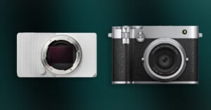 Two digital cameras are shown side by side on a dark green background: the left camera has no lens and exposes its sensor, while the right camera has a classic design with a mounted lens.