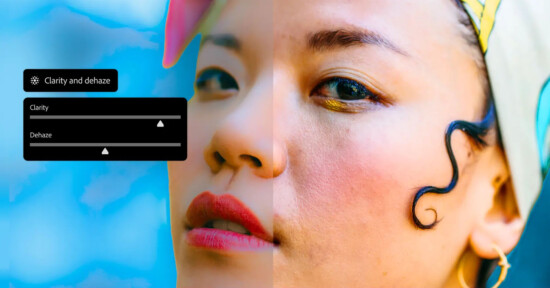 A split image shows a woman's face with the left side hazy and less clear, while the right side is sharp and vibrant. Overlay sliders labeled "Clarity" and "Dehaze" illustrate the editing effect.