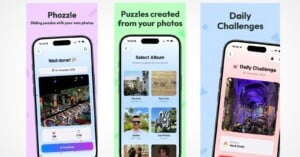 Three smartphone screens show a puzzle app: the first displays a completed photo puzzle, the second shows an album selection for creating puzzles, and the third highlights a daily challenge with a new puzzle image.