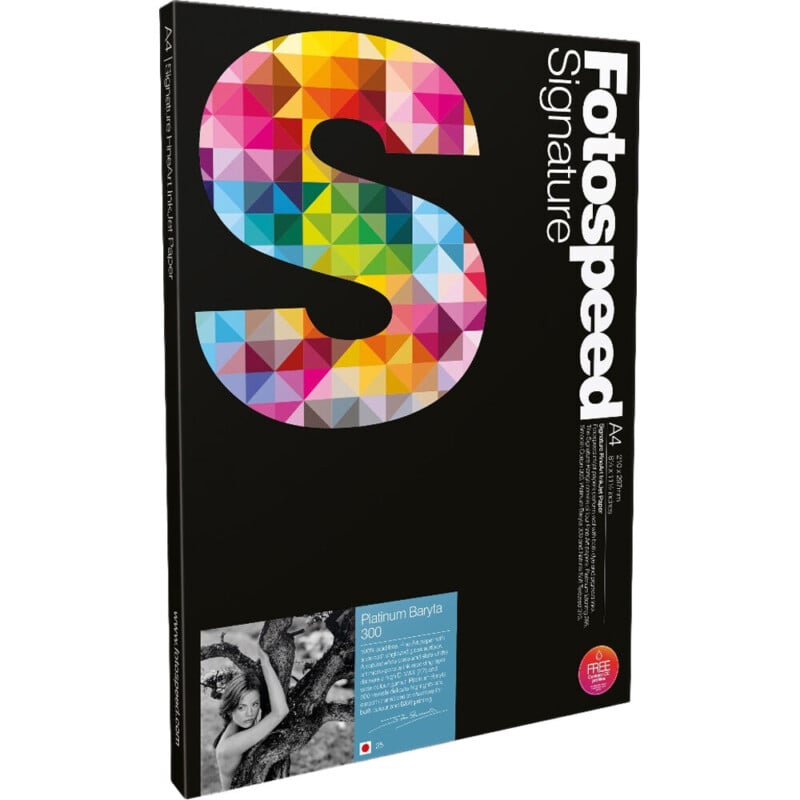 Fotospeed Signature Platinum Baryta 300 A4 paper box, featuring a large geometric, multicolored "S" on a black background, with branding and a small sample photo on the lower left corner.