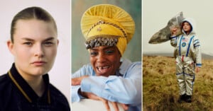 A collage of three portraits: a young woman with slicked hair, a smiling person in a yellow headwrap and blue shirt, and a child in a space suit costume holding a cardboard rocket outdoors.