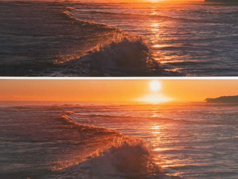 Two photos of ocean waves at sunset, with golden sunlight reflecting on the water and horizon, and gentle waves illuminated by the warm, orange glow of the setting sun.