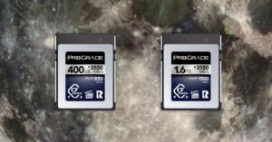 Two ProGrade CFexpress memory cards, one with 400GB and one with 1.6TB capacity, are shown side by side against a space-themed background featuring a detailed view of the moon.