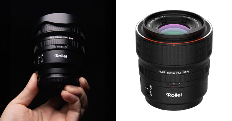 A la izquierda, una mano sostiene una lente de cámara Rollei VAF 24 mm F1.8; a la derecha, una lente Rollei VAF 35mm F1.8 STM se encuentra en posición vertical sobre un fondo blanco.