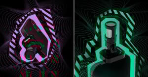 Side-by-side image of two microphones on abstract wavy backgrounds: the left mic is surrounded by purple lines, while the right mic is encircled by green lines, both with a futuristic, digital design.