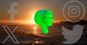 A green thumbs-down emoji is centered over a sunset at the beach, with transparent Facebook, Instagram, X, and Twitter logos surrounding it.
