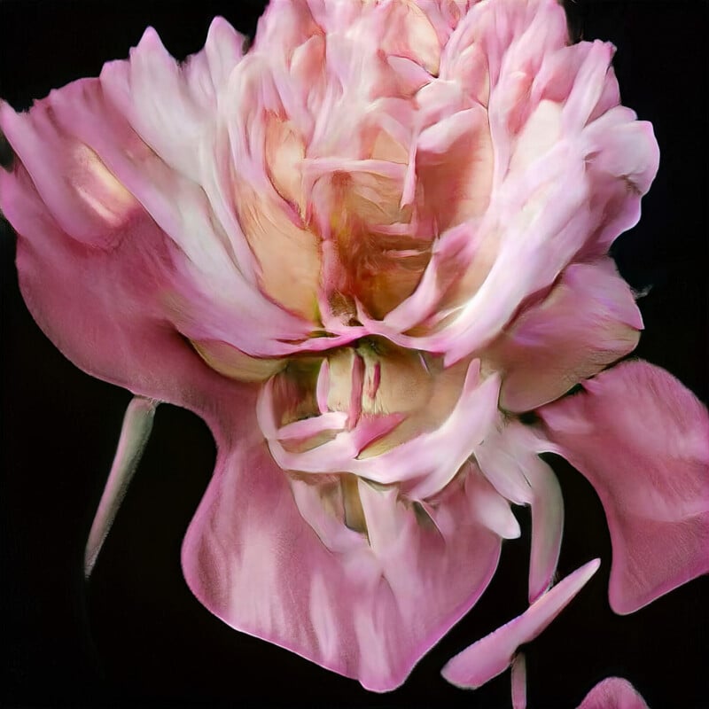 A close-up of a blooming pink peony flower with soft, ruffled petals and a yellow center, set against a dark background.