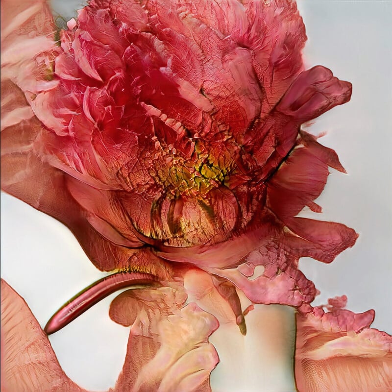 A digital artwork of a large, abstract flower in shades of pink, red, and peach with textured petals and a yellow-green center, set against a soft, light background.