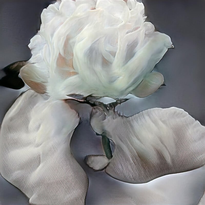 A close-up of a white flower with soft, delicate petals, set against a blurred gray background. The image has a smooth, painterly effect that gives it an abstract, ethereal quality.