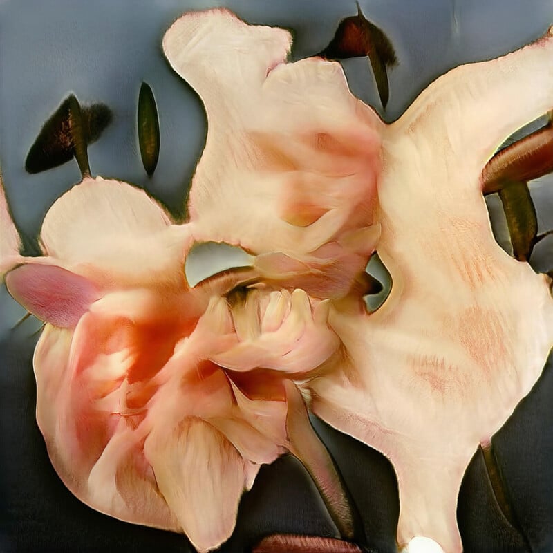 Two abstract, soft pink flowers with delicate, overlapping petals and a dark, blurred background create a dreamy, painterly effect. The image emphasizes fluid shapes and gentle color transitions.