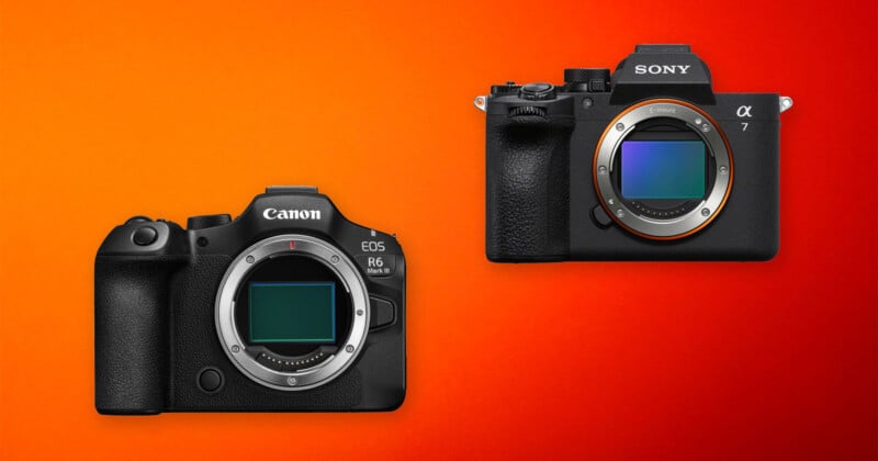 Two digital cameras without lenses are shown side by side on an orange-to-red gradient background. The left camera is a Canon EOS R6 Mark II, and the right camera is a Sony Alpha 7.