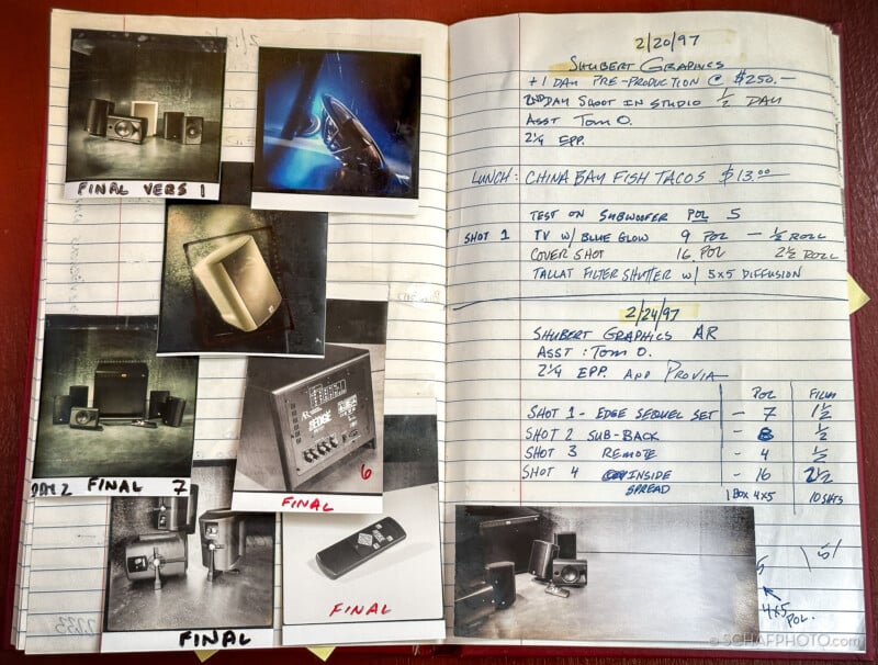 An open notebook with photos of speakers, studio gear, and handwritten notes, lists, and project details dated 2/20/97, including references to Shubert Graphics and lunch.