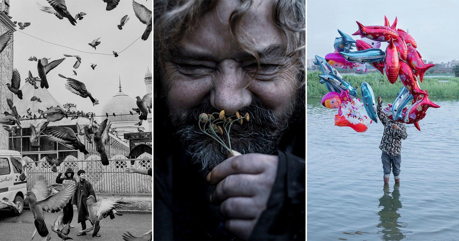A triptych: left, people feed pigeons in front of a mosque; center, a bearded man smiles while smelling small flowers; right, a person stands in water holding colorful fish-shaped balloons.