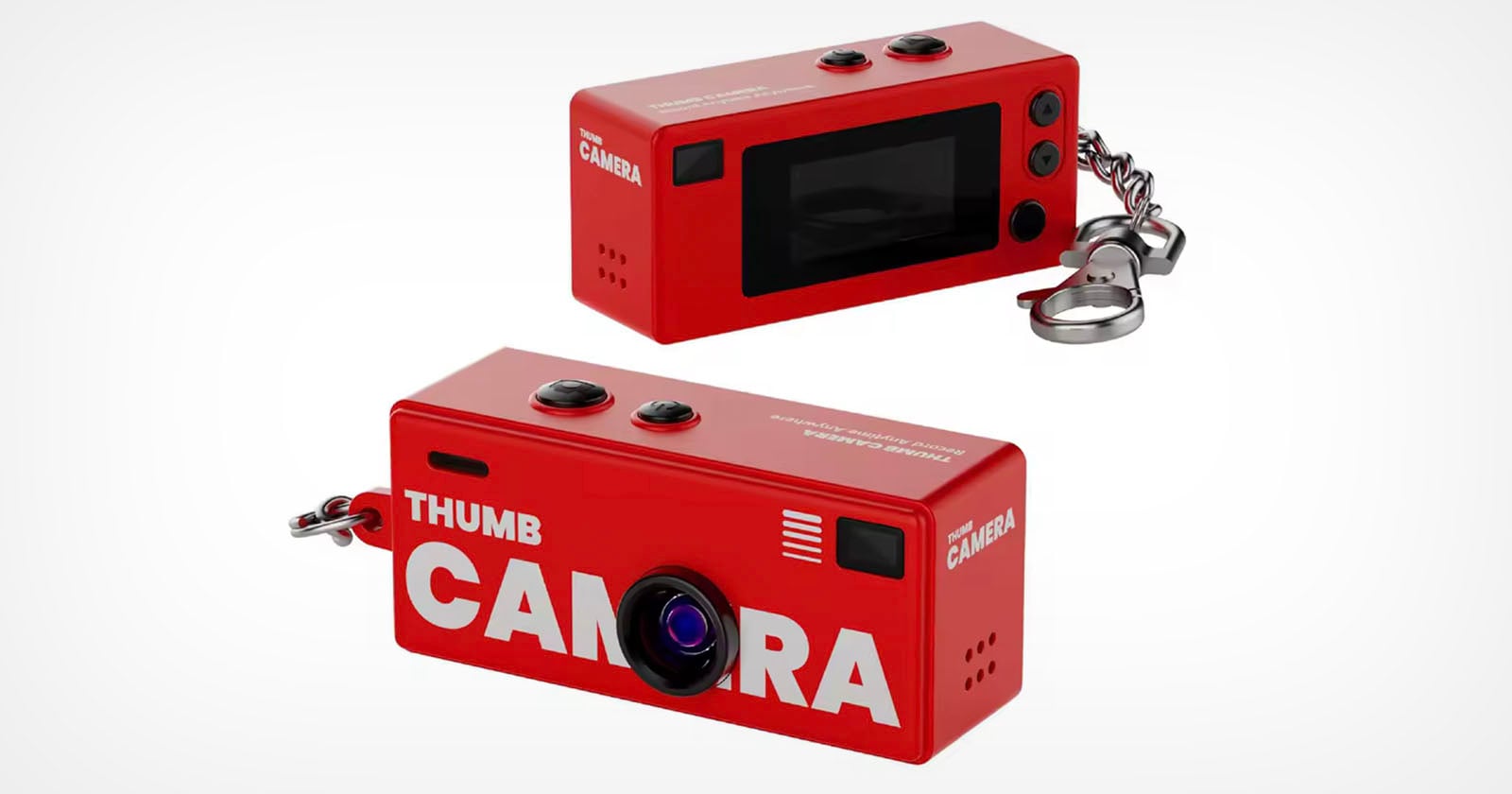 Two views of a small, red rectangular digital camera with "THUMB CAMERA" printed on it, featuring a lens, buttons, a screen, and a keychain attachment.